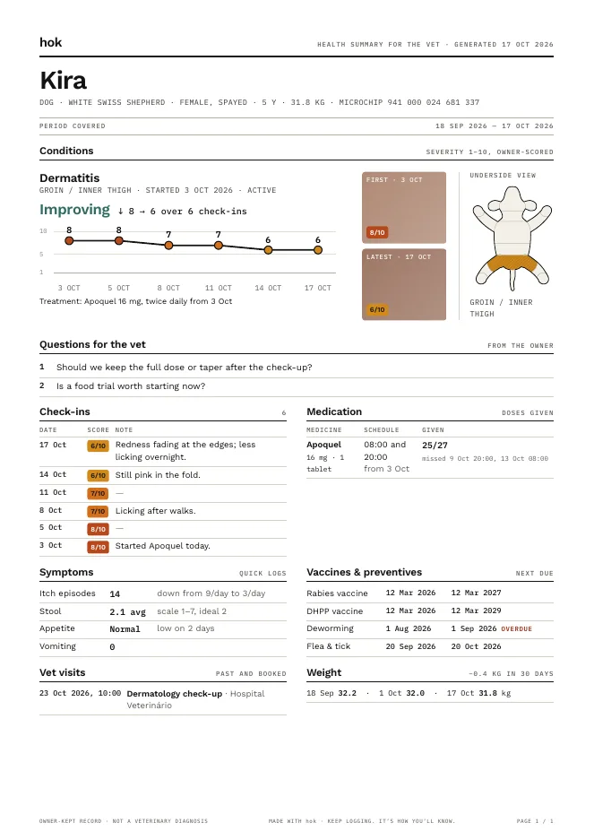 Sample one-page vet summary for Kira: a condition improving from severity 8 to 6, first and latest photos, body map, owner questions, check-ins, medication, symptoms, vaccines and weight.